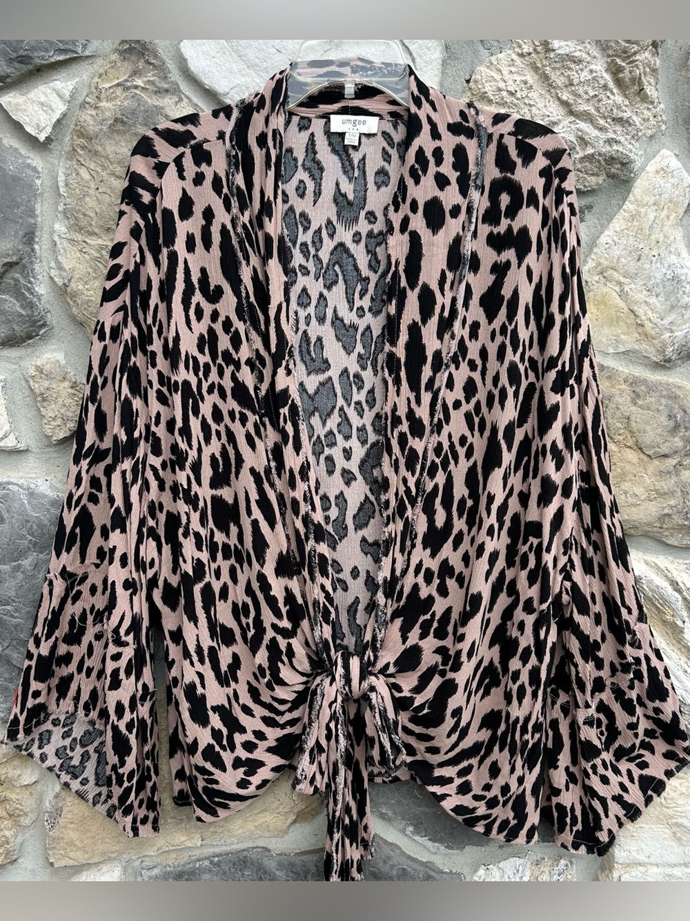 Umgee Leopard Print Kimono S/M Tie Front Bell Sleeve Resort Boho Chic Festival